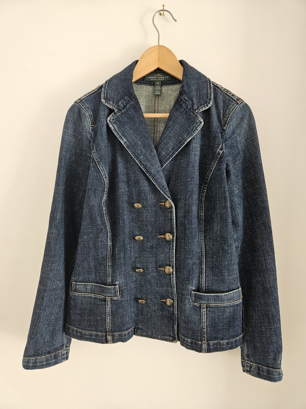 Vintage Lauren Ralph Lauren Women's Dark Blue Denim Double-Breasted Jacket